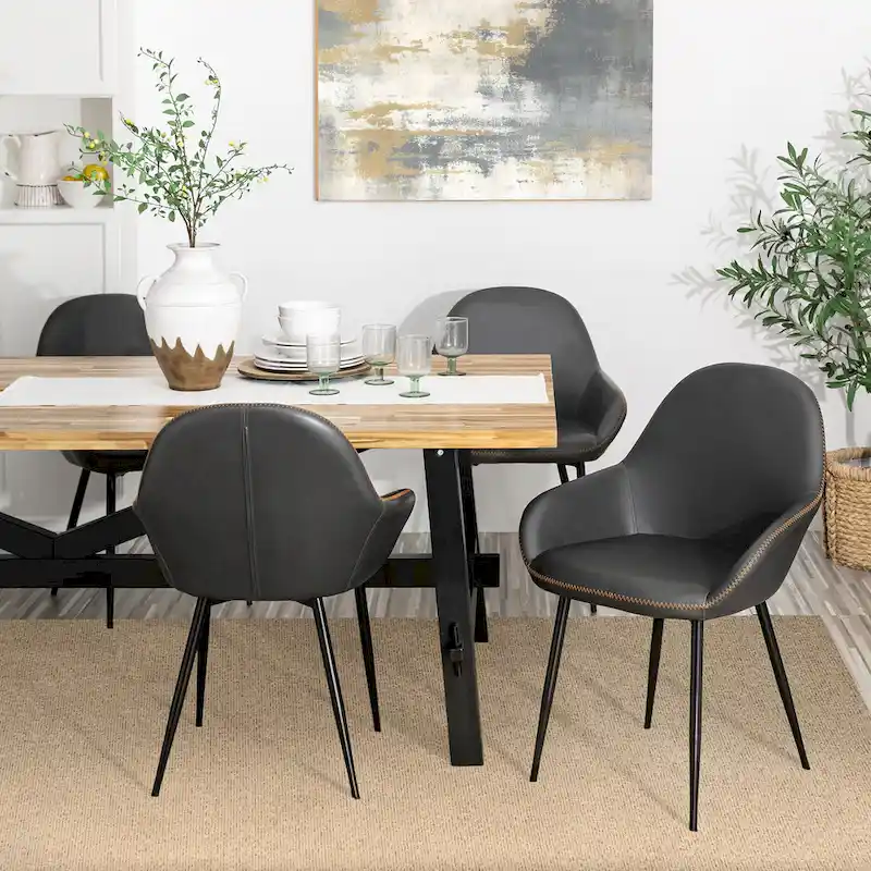 Glitzhome Set of 4 Mid-Century Leatherette Stitched Dining Accent Armchairs