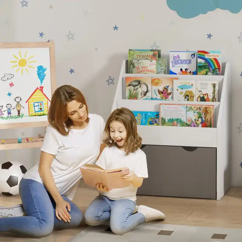 Kids Bookshelf, Bookcase Toy Storage Organizer With 3 Tier Display Shelves, Drawer, For Nursery, Bedroom, Living Room, Classroom