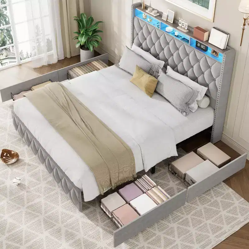 GustoWave Velvet Upholstered Bed Frame with 50.8 Tall Headboard, USB Charging Station, Led Lights