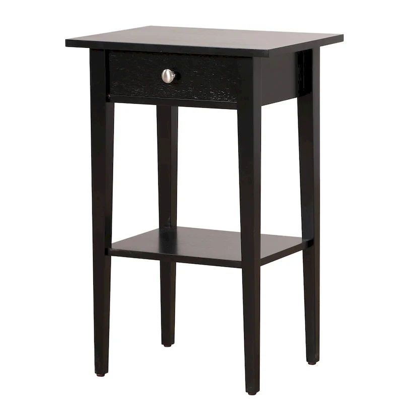 1-Drawer Wooden Nightstand with Open Shelf and Metal Glides – Black / Silver Champagne / Blue / Yellow / Oak / White / Cherry / Cappuccino / Pink / Smoked Gray / Beige, 1-Unit