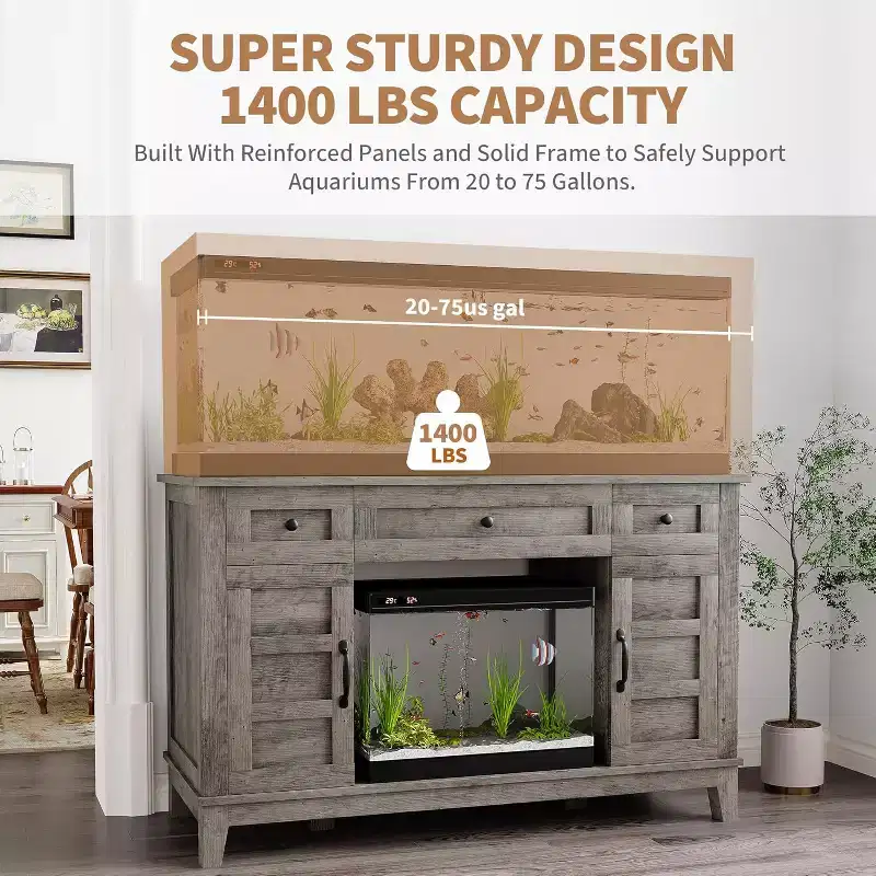 55-75 Gallon Aquarium Stand with Power Outlet, 3 Drawers & Cabinets, 1400 lbs, Farmhouse