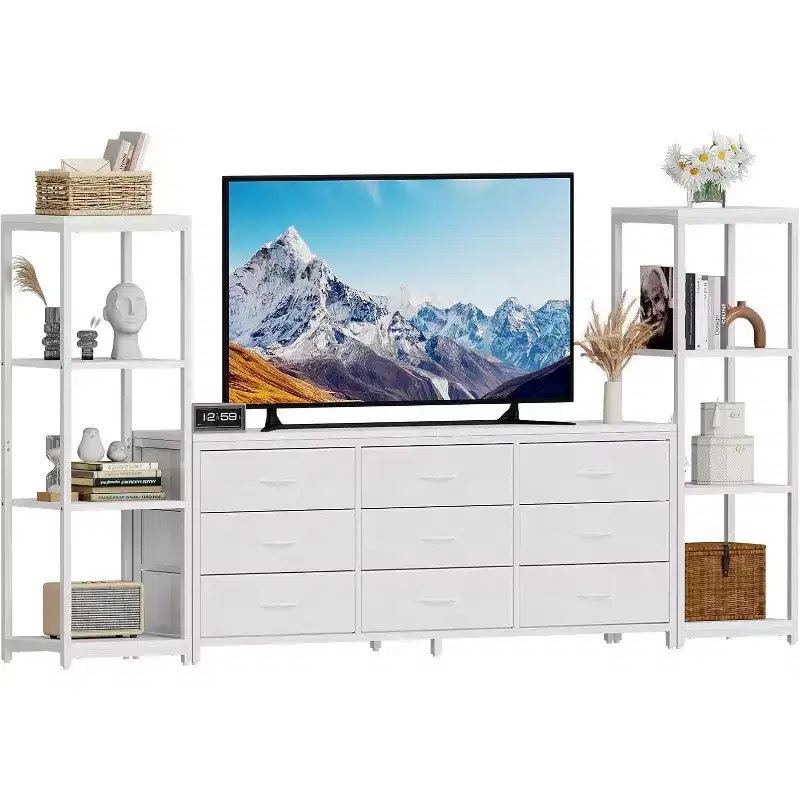 TV Stand Dresser with 9 Fabric Drawers – Large Entertainment Center with 2 Industrial 4-Tier Shelves