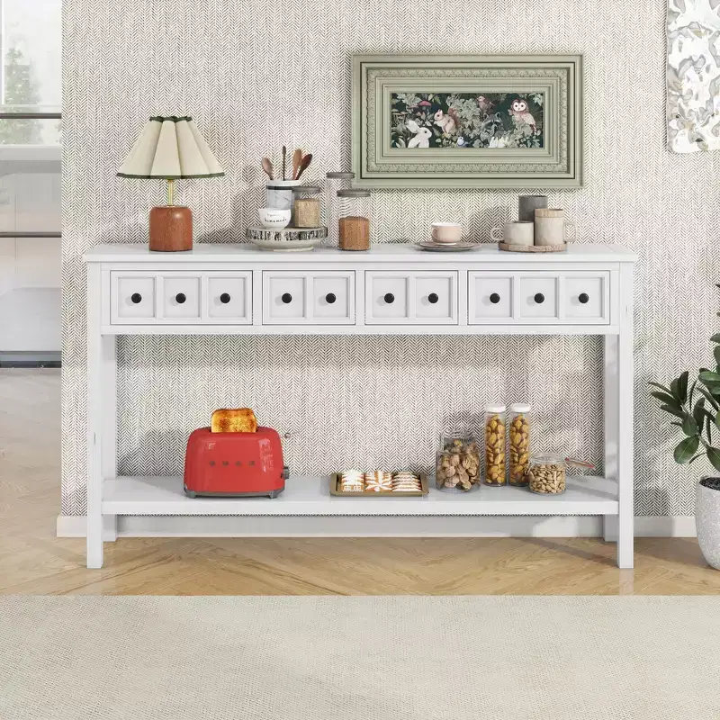 Rustic Entryway Console Table with 4 Drawers and Bottom Shelf, 60