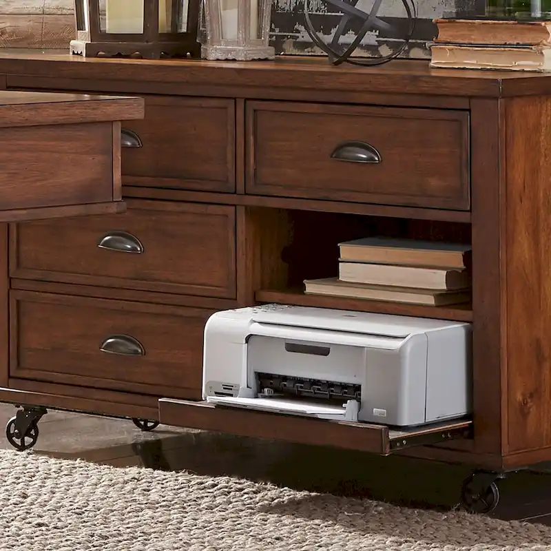 Industrial Credenza with Metal Casters, Pull-Out Printer Shelf & File Drawer, 48