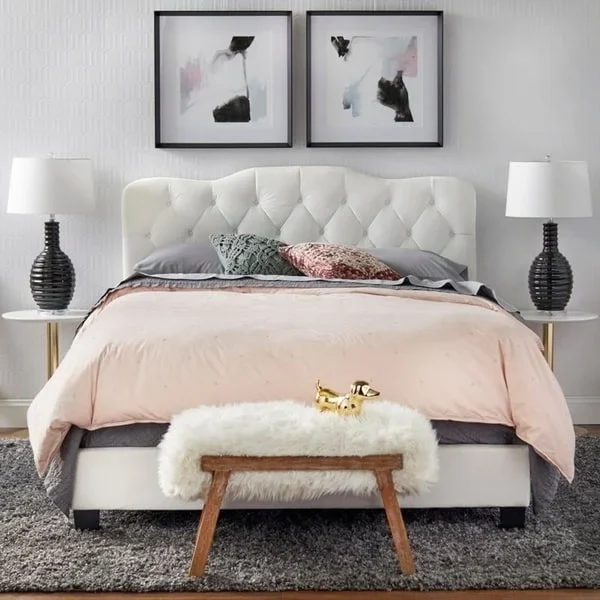 Button-Tufted Camel-Back Upholstered Bed with Padded Headboard – Sand Fabric / White Velvet / Grey Velvet, Full / Queen