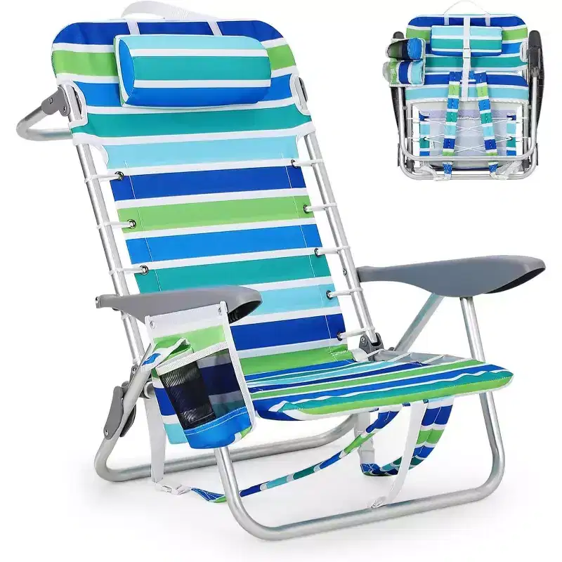 Acekool Backpack Beach Chair Set of 2, 5 Position Lay Flat Folding Chairs with Straps, Cup Holder & Towel Bar, Portable for Adults