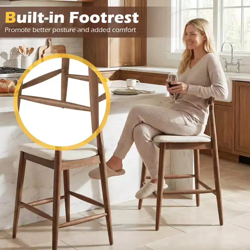2PCS Counter Height Bar Stools with Curved Backs and Upholstered Cushioned Seats