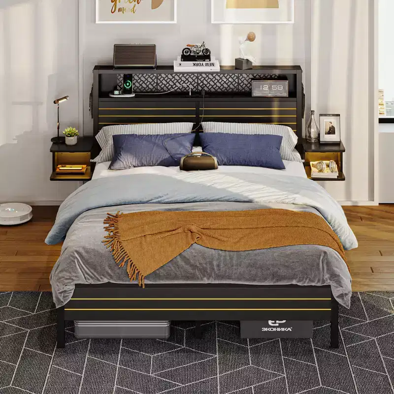 Metal Platform Bed Frame with Storage Headboard, Power Outlet, LED Lights & Beside Shelves
