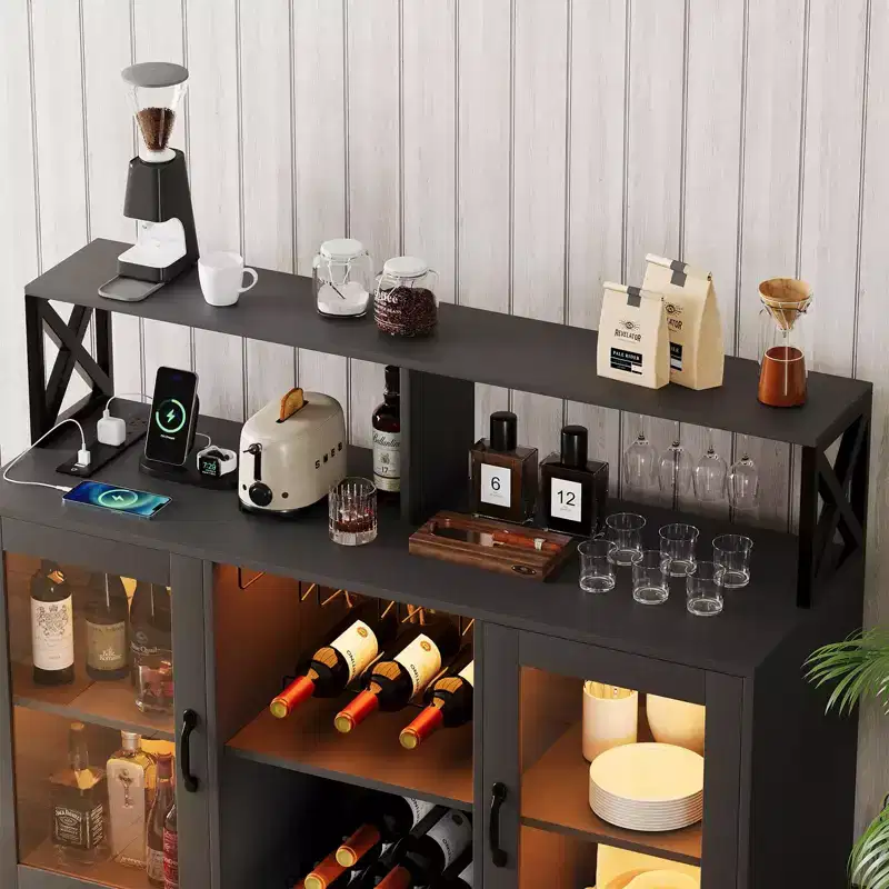 Bar Cabinet, Liquor Cabinet with Power Outlets & LED Lights - Glass Holder/Wine Racks, Coffee Bar