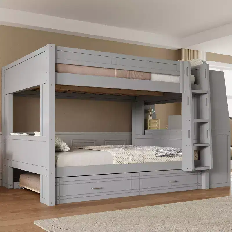 Full Size Bunk Bed with Desk and Storage, Space-Saving Wooden Bunk Bed with Bookshelves & Trundle