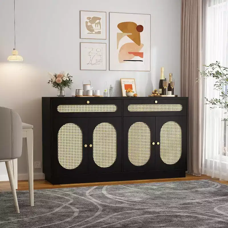 60'' Rattan Sideboard, Sideboard Cabinet with 2 Drawers 4 Rattan Doors, Buffet Cabinet with Adjustable Shelves for Dining Room,Living Room,EntryWay