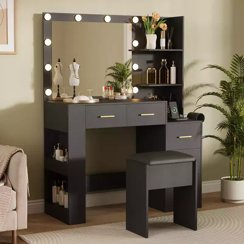 10-Bulb Mirror | Built-in Outlets 41'' Large Vanity Desk with Mirror and 3 Color Lighting Modes - Makeup Desk with Stool and 5 Drawers for Bedroom