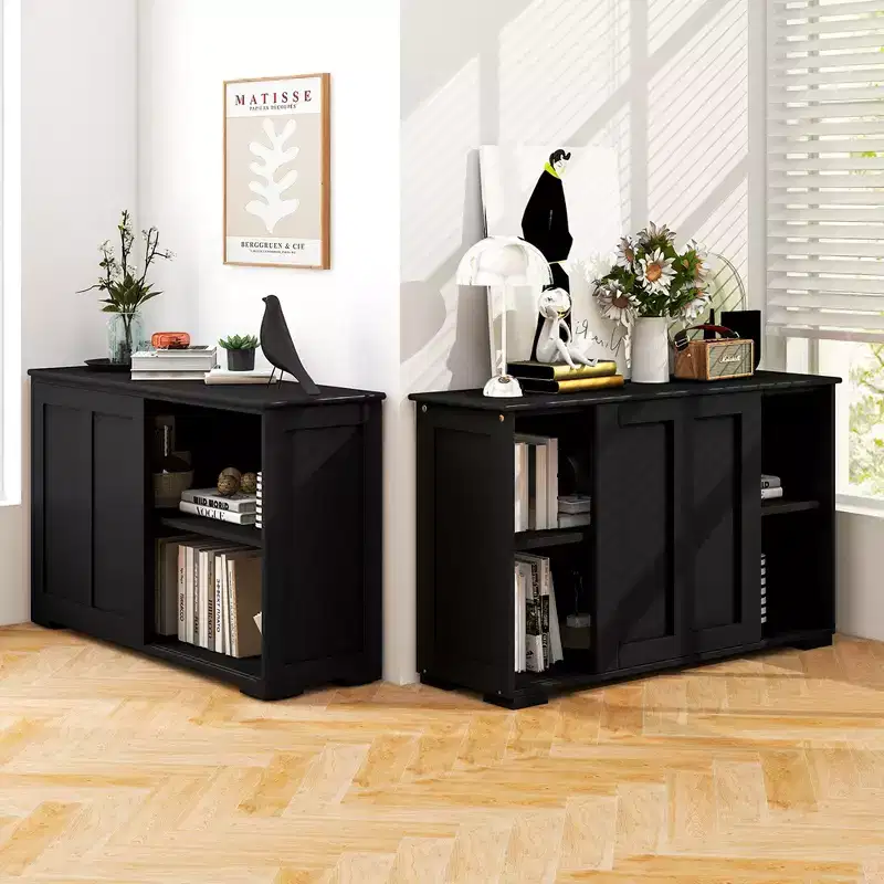 Costway Stackable Buffet Sideboard Set of 2 with Sliding Doors & Adjustable Shelf Brown/Black/Grey/Antique White