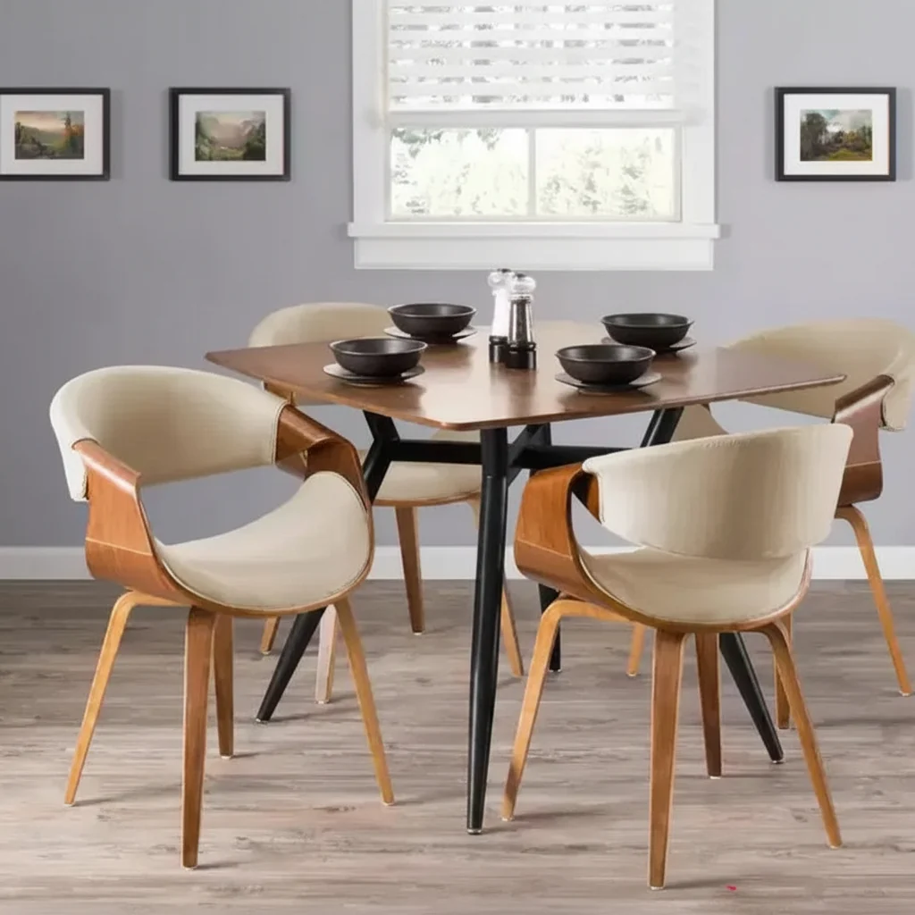 Mid-Century Modern Dining Accent Chair, Woven Fabric, Curved Wood Armrests