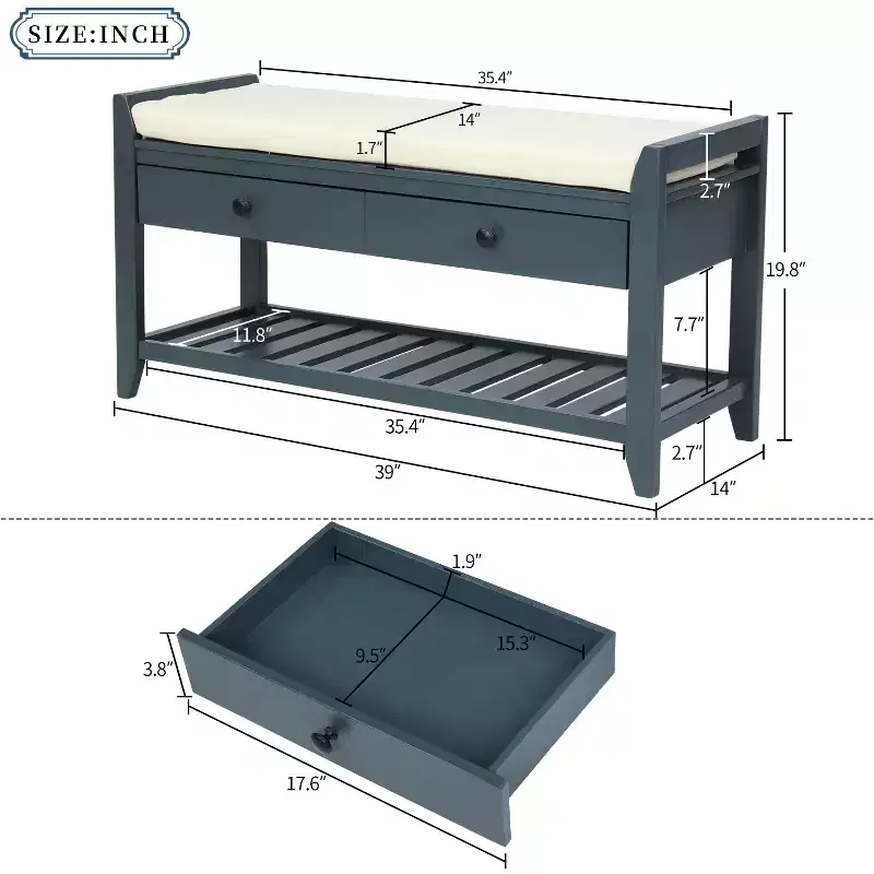 Entry Storage Bench Shoes Rack, 2 Drawers & Cushioned Seat, Living Room Entryway Hallway Foyer Shoe Bench, Bedroom End of Bed Bench