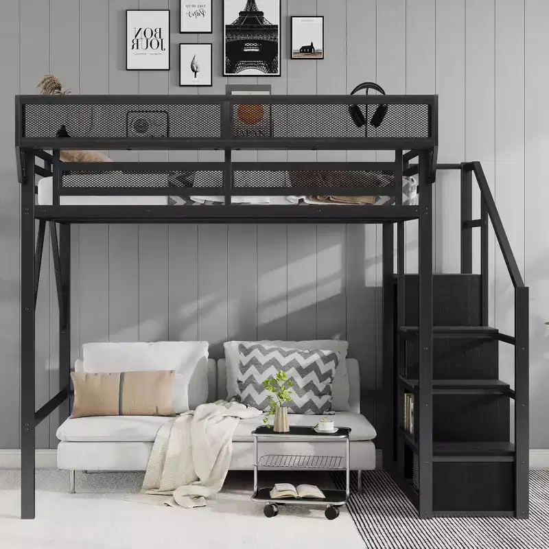 Full Size Black Metal Loft Bed with Stairs, Storage Steps & Mesh Shelf, 1-Person
