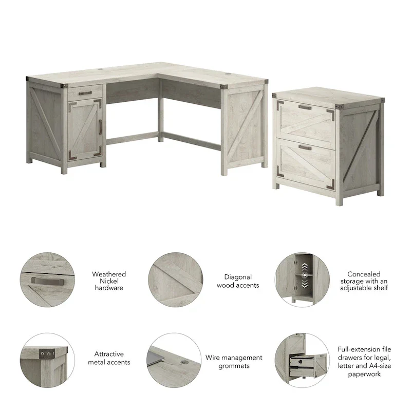 L-Shaped Corner Desk with 2-Drawer File Cabinet – Restored Gray / Reclaimed Pine / Cottage White