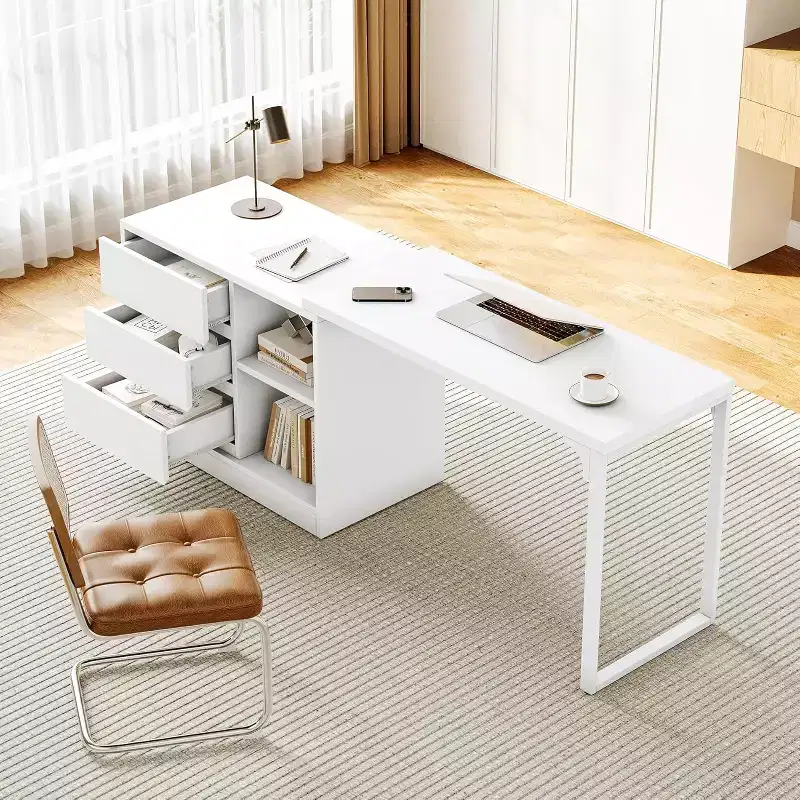 Lantine 70-Inch Computer Desk with Drawers, Movable L Shaped Desk with Storage, for Home Office, Gaming, Interchangeable Left and Right (White)