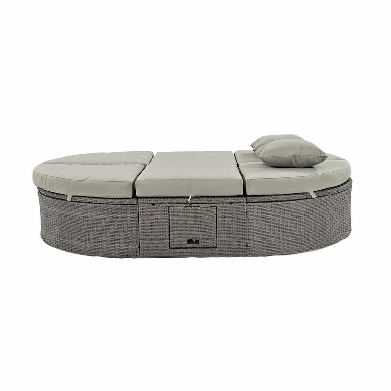 Rattan Patio Daybed with Cushions, Reclining Chaise Lounge, Foldable Trays