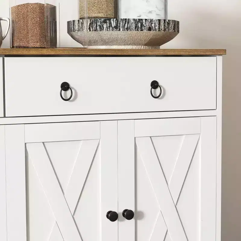 Okak Farmhouse Sideboard Cabinet, Buffet Cabinet with 4 Doors and 2 Drawers, Storage Cabinet for Living Room, Dining Room, Kitchen, White