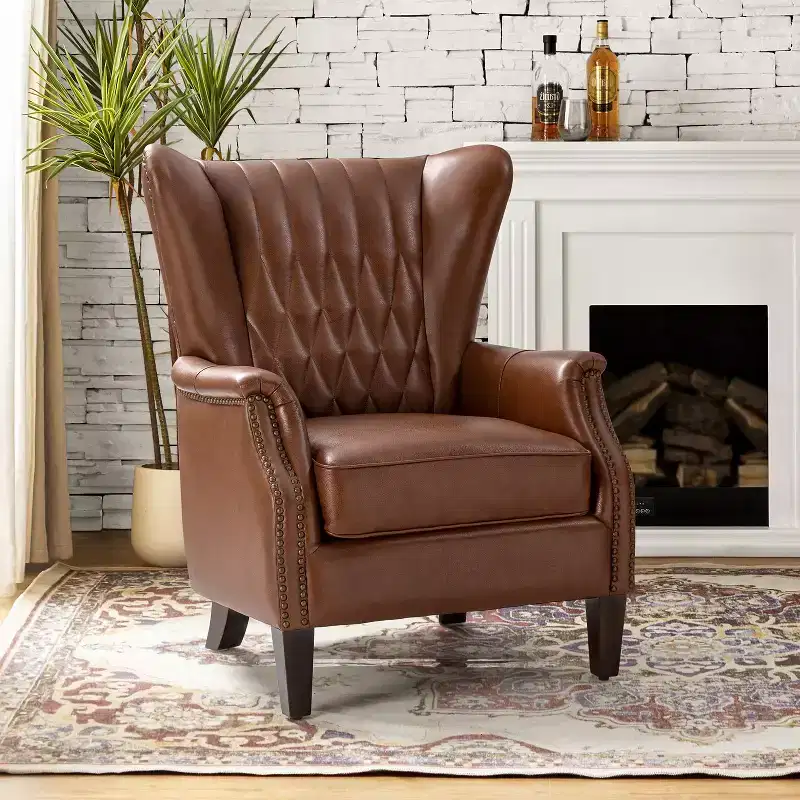 Genuine Leather Wingback Armchair with Nailhead Trim & Solid Wood Tapered Legs