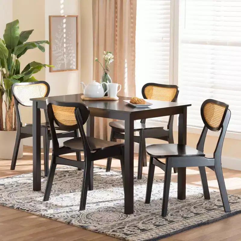 Baxton Studio Jeriah Mid-Century Modern Wood and Woven Rattan 5-Piece Dining Set