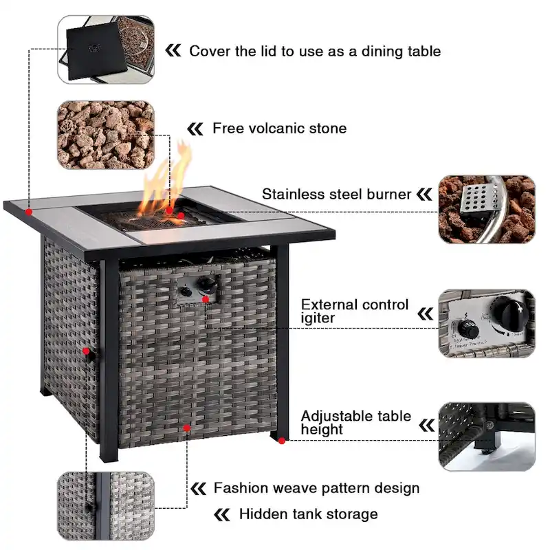 OVIOS Grey Wicker 6-piece Patio Furniture Set With 30 Fire Pit