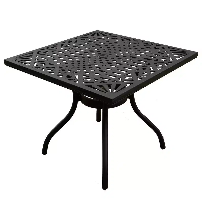 5pc Outdoor Set with 37" Modern Ornate Mesh Aluminum Black Square Table with Checker Chairs - Oakland Living