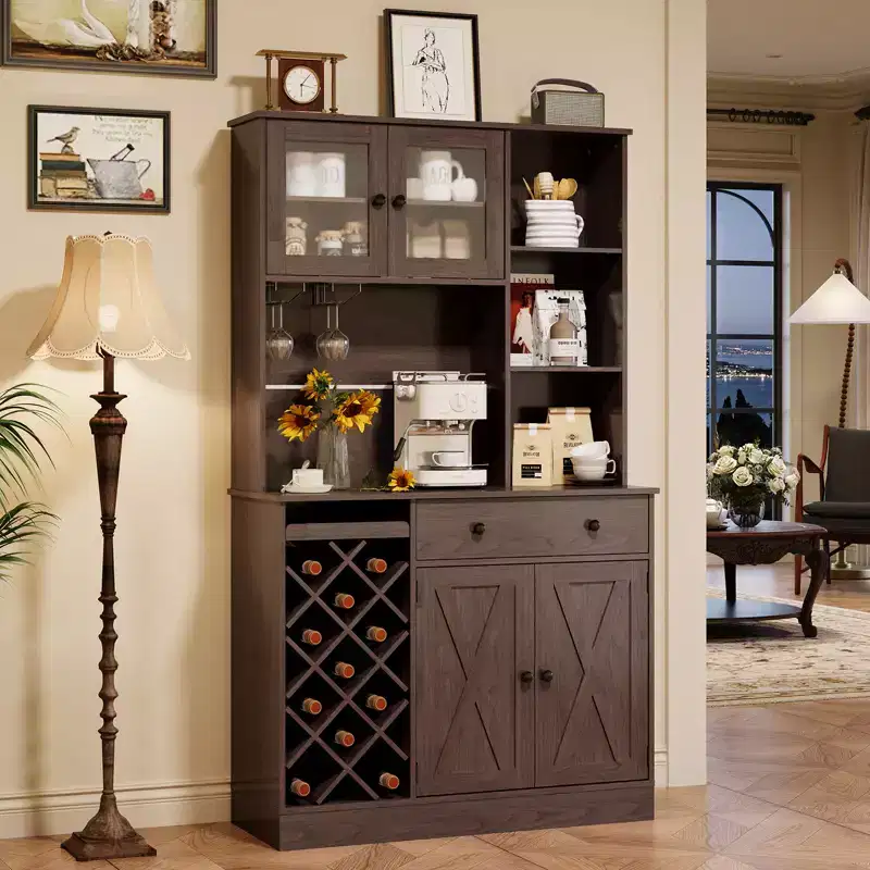 Wine Bar Cabinet with Power Outlets, Pantry Cabinet, Wine Bottle Rack, Buffet Sideboard Storage, Microwave Rack for Kitchen Dining Room Living Room