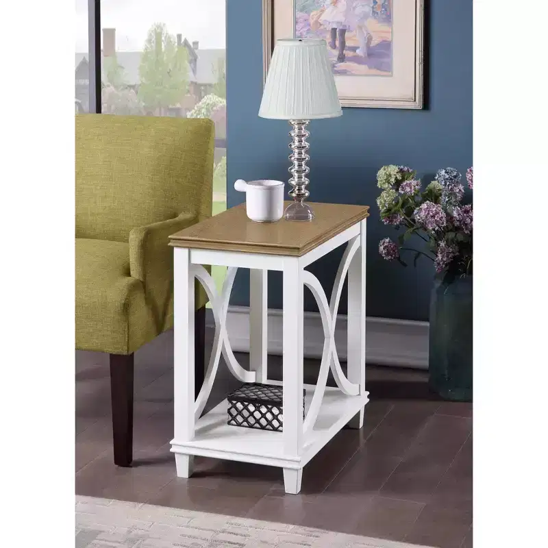 Chairside End Table with Shelf in Driftwood Top and White Frame