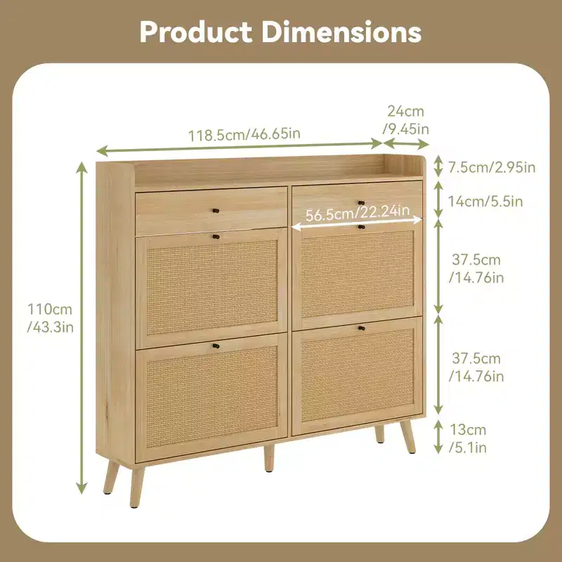 CuisinSmart Wood Shoe Cabinet with 4 Natural Rattan Flip Drawers & 2 Drawers, Hidden Free-Standing Shoe Rack for Entryway Hallway Living Room