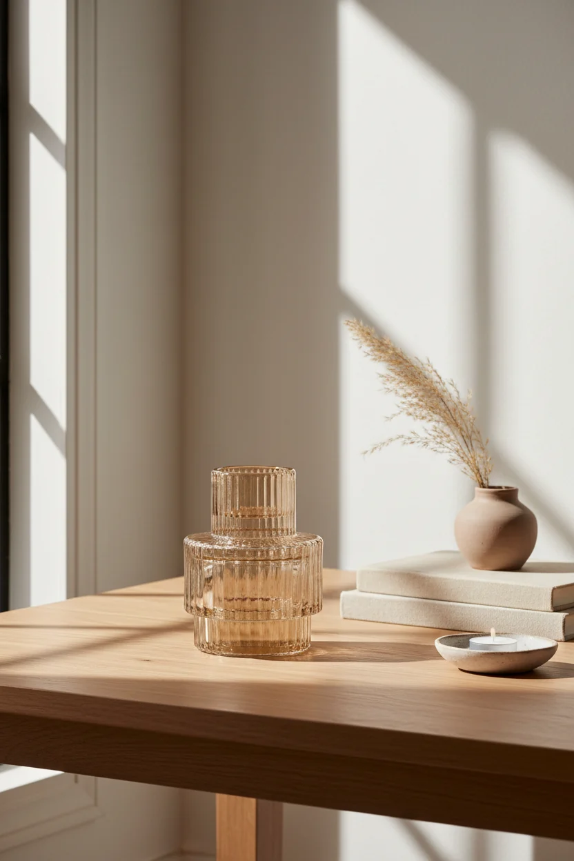 Vintage Glass Candle Holder with Ribbed Textured Form for Dining Room & Living Room
