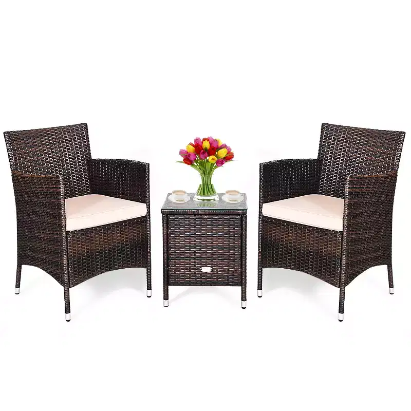 Costway Outdoor 3 PCS PE Rattan Wicker Furniture Sets Chairs Coffee Table Garden