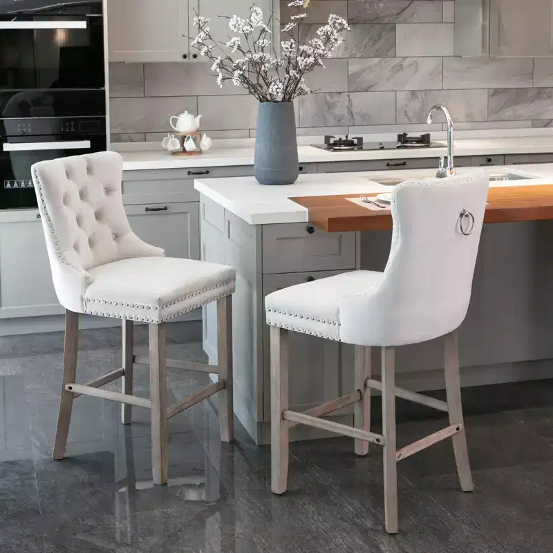 Okak Contemporary Velvet Bar Stools Set of 2 with Button Tufting & Chrome Nailhead Trim, Upholstered Stools Wood Legs for Kitchen Island