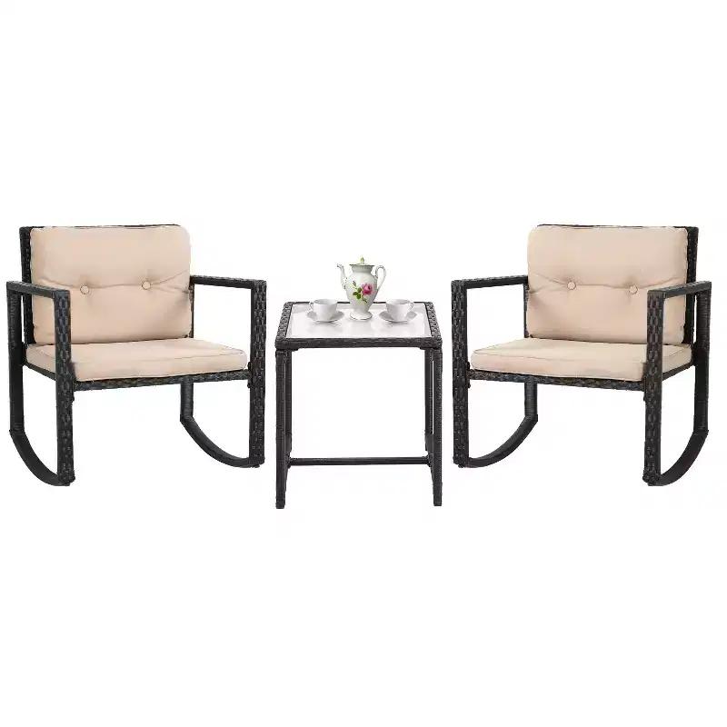 FDW 3 Piece Patio Furniture Set Outdoor Rocking Chairs Bistro Sets All-Weather Rattan Chair with Cushions&Glass-Top Coffee Table