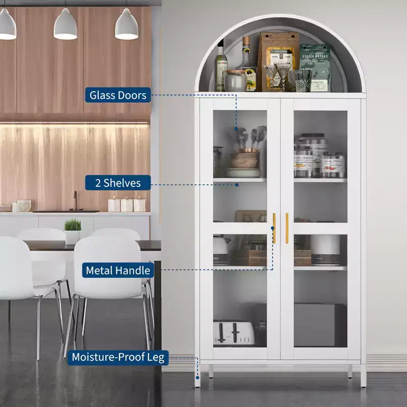 73 Tall Arched Pantry Cabinet,Versatile Cupboard with Glass Door, 2 Adjustable Shelves & Drawers,Modern Farmhouse Arched Bookcase