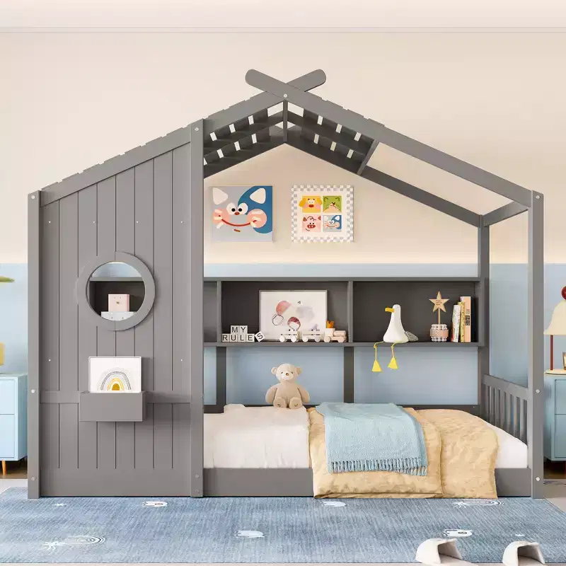 Twin/Full Size House Platform Bed Frame Toddler Floor Bed Kids Montessori Bed Playhouse Bed with Storage Shelf - ModernLuxe