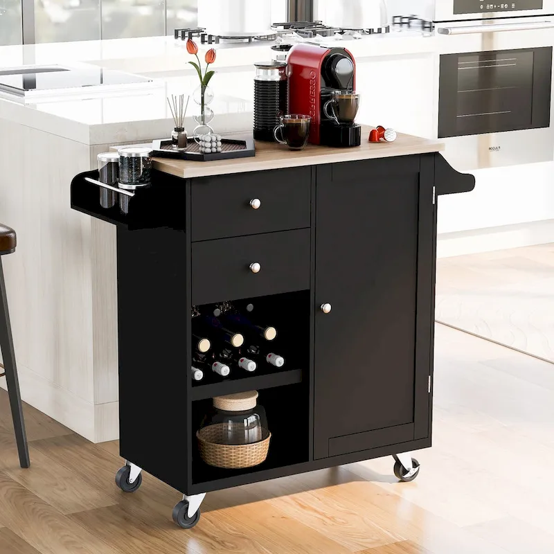 41.3 in. Rolling Kitchen Island with Spice Rack and Two Drawers