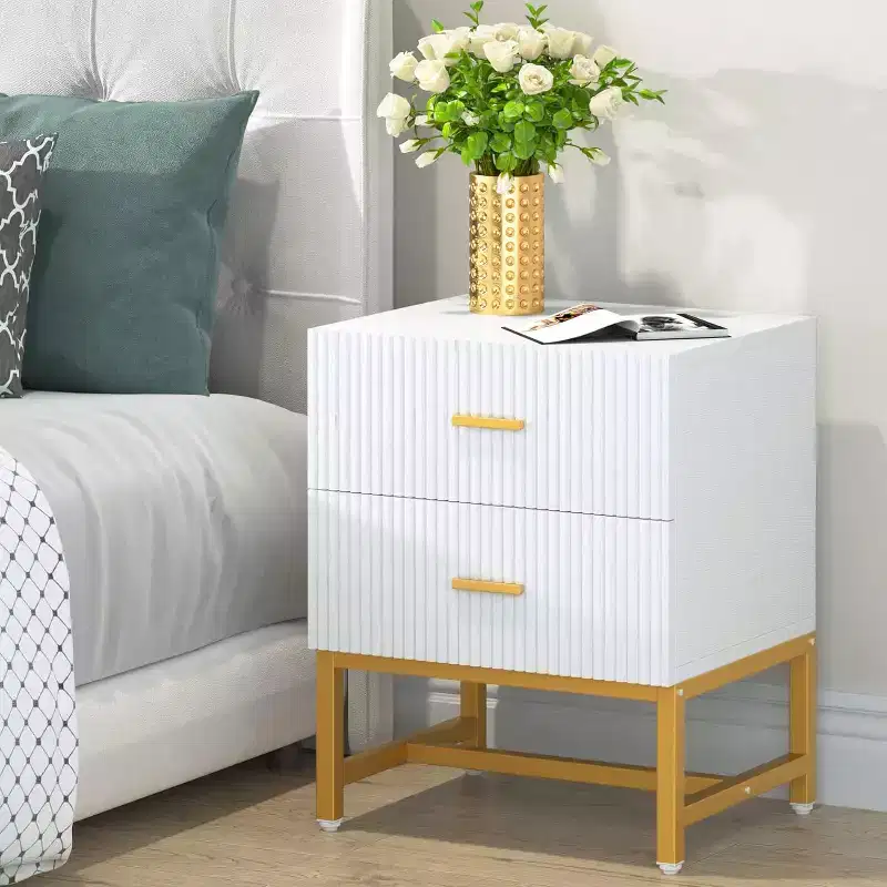 2-Drawer Nightstand Bedside Table, White Wood Top, Metal Frame