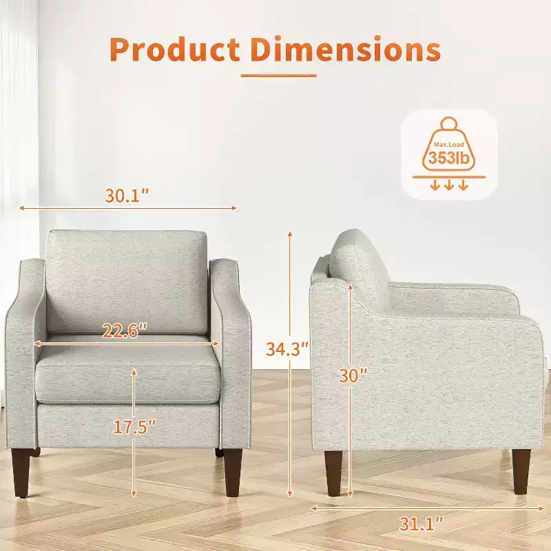Beige Linen Fabric Upholstered Accent Armchair with Scooped Arms – Single Sofa Chair