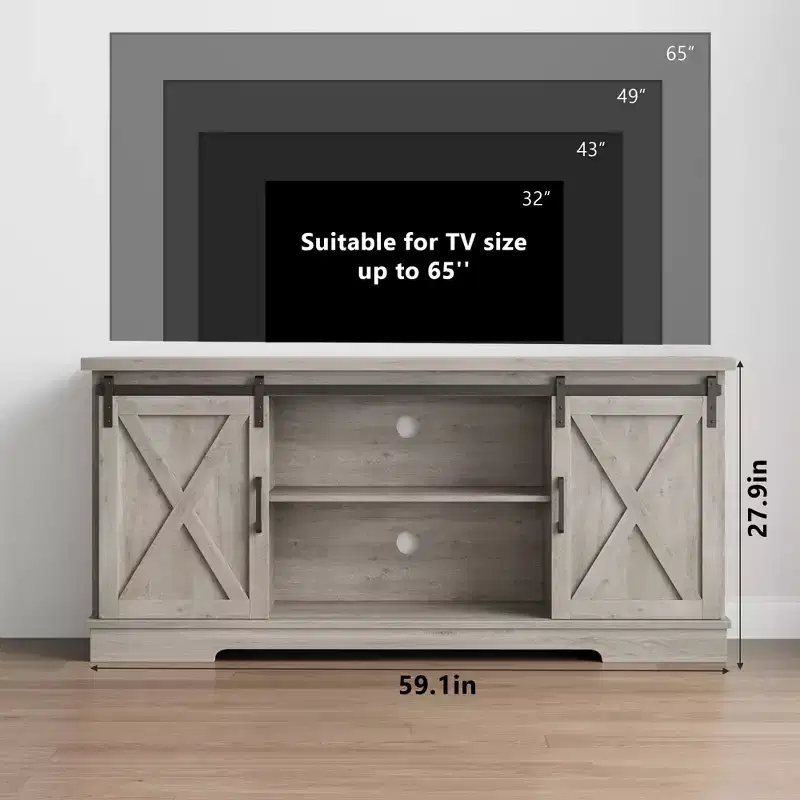 TV Stand for TVs up to 65 Inches, Entertainment Center with Sliding Barn Door and Storage Cabinets, Grey