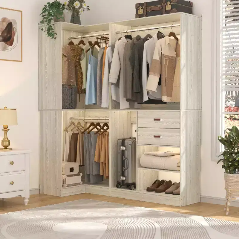 Besiost 71-In Freestanding Closet System Set with Wood Drawers, Corner Closet Organizer with Hanging Rods