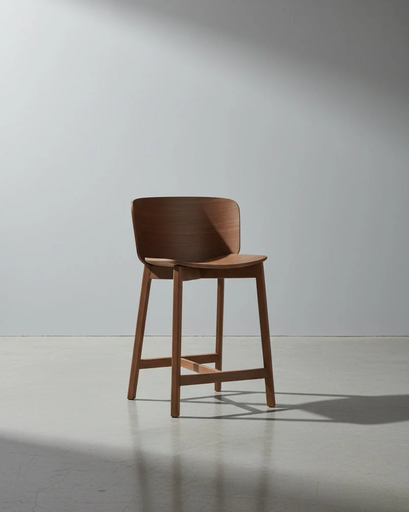 Warm Walnut Wood Counter Stool with Curved Molded Back for Dining Room