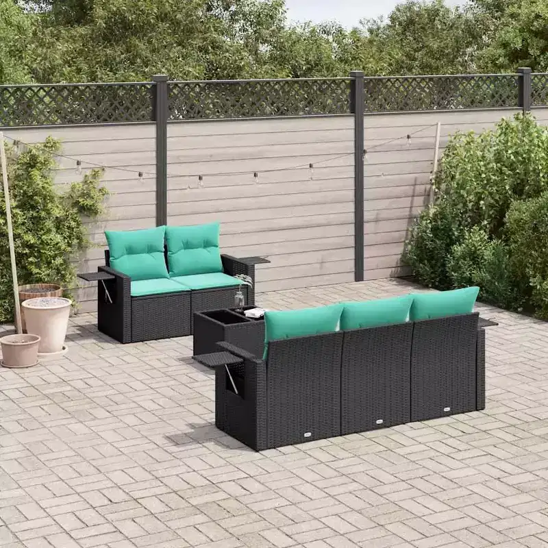vidaXL 6 Piece Garden Sofa Set with Cushions Black Poly Rattan - Black and Blue