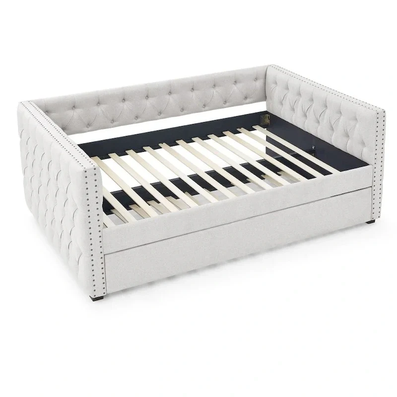 Full Daybed with Trundle Upholstered Tufted Sofa Bed, with Button and Copper Nail on Square Arms