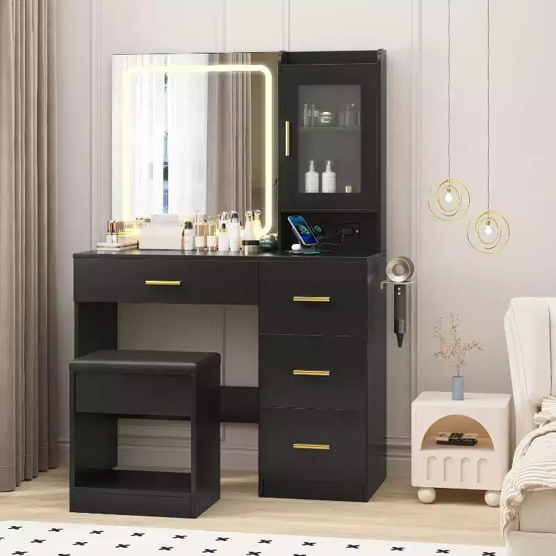 37 Vanity Desk with Adjustable Mirror, 4 Drawers & Single Door, Storage Stool & Hair Dryer Holder