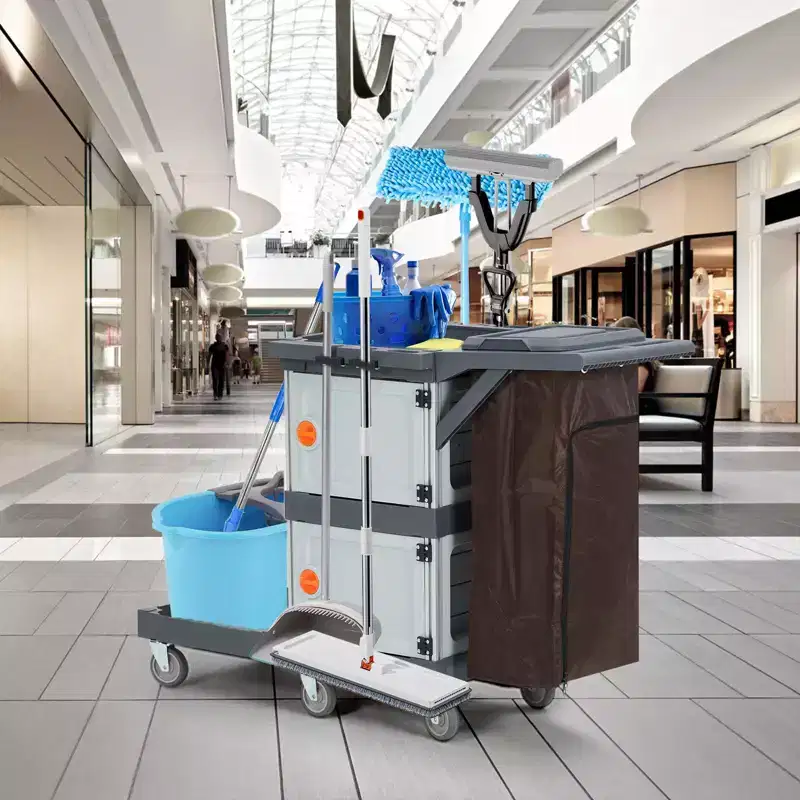Commercial Janitorial Cart, 3-Shelf Housekeeping Cart with Storage Cabinets and Laundry Bag