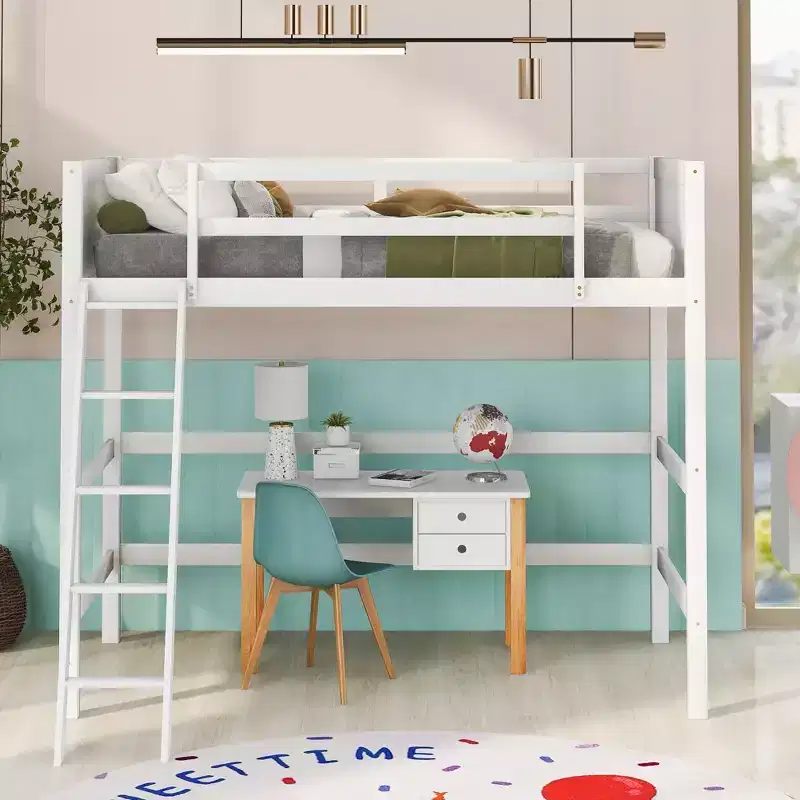 79.5IN Twin Size Kids Loft Bed with Ladder, Safety Guardrails, Bed Frame for Kids Room, Gaming Room, Living Room