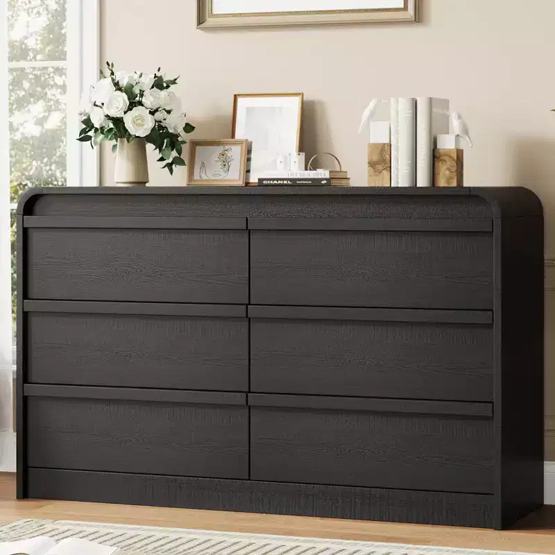 47 Mid Century Modern 6-Drawer Wooden Dresser with Curved Design - Bedroom Storage in Natural Wood Finish
