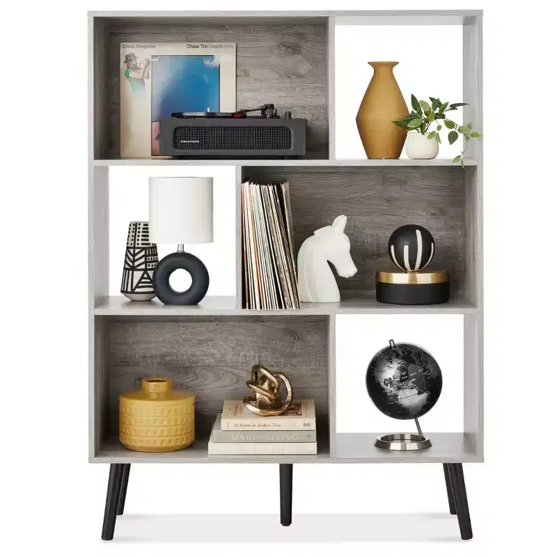 3-Tier Mid-Century Modern Wooden Bookcase with Removable Back Panels, Offset Pine Legs
